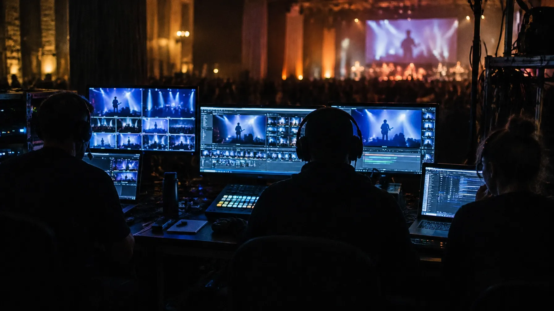 Event producer working beside live monitors