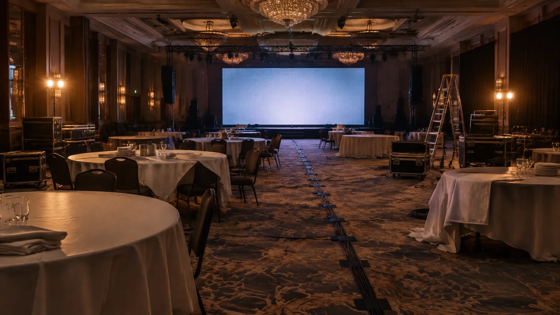 Wedding couple framed by event lights
