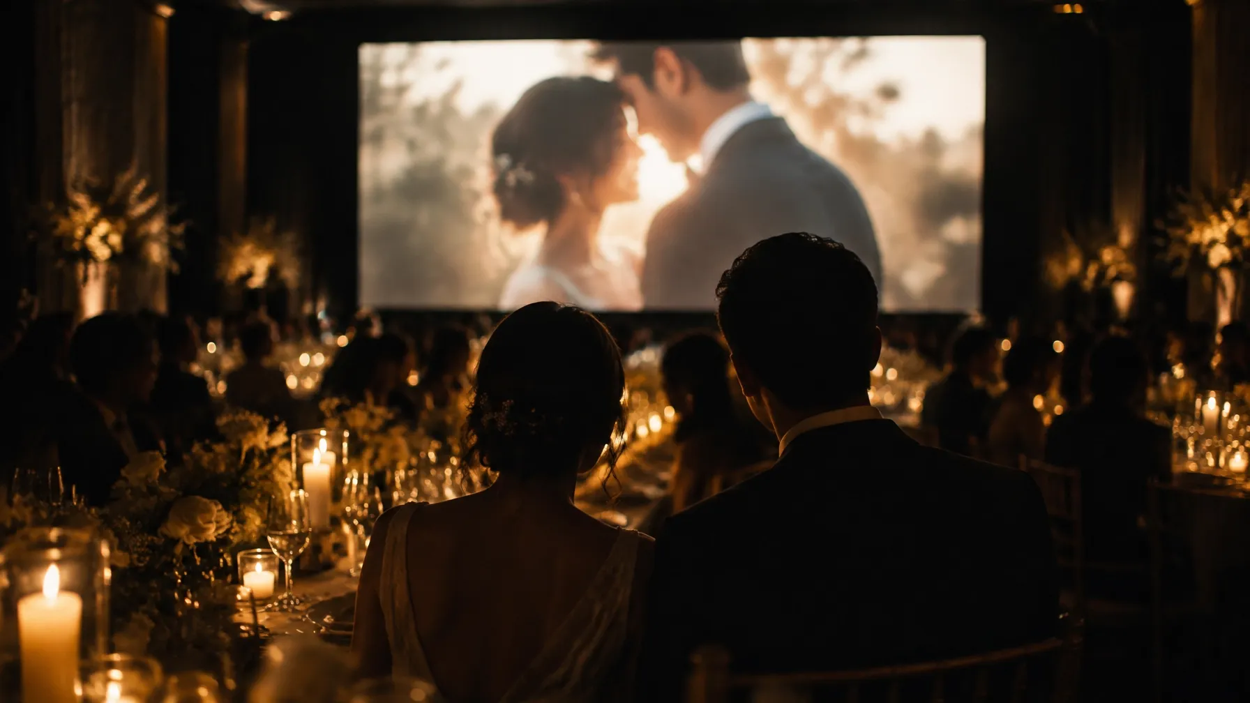 Newlyweds standing before a glowing wedding LED wall